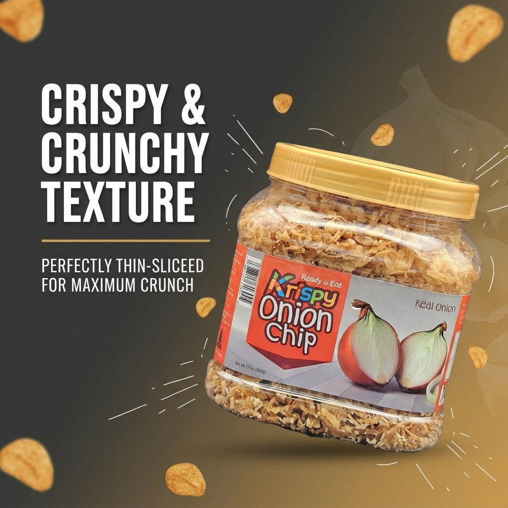 Krispy Onion Chips (Large 17.7oz/500g Jar) - Crispy Fried Onion Flakes, 100% Real Onion Slices for Topping Pasta, Steak, Salads, Pizza & Ramen | The Ultimate Savory Snack & Cooking Ingredient
