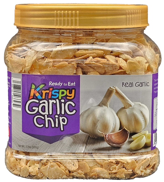 Krispy Garlic Chips (Large 17.7oz/500g Jar) - Crispy Fried Garlic Flakes, 100% Real Garlic Slices for Topping Pasta, Steak, Salads, Pizza & Ramen | The Ultimate Savory Snack & Cooking Ingredient