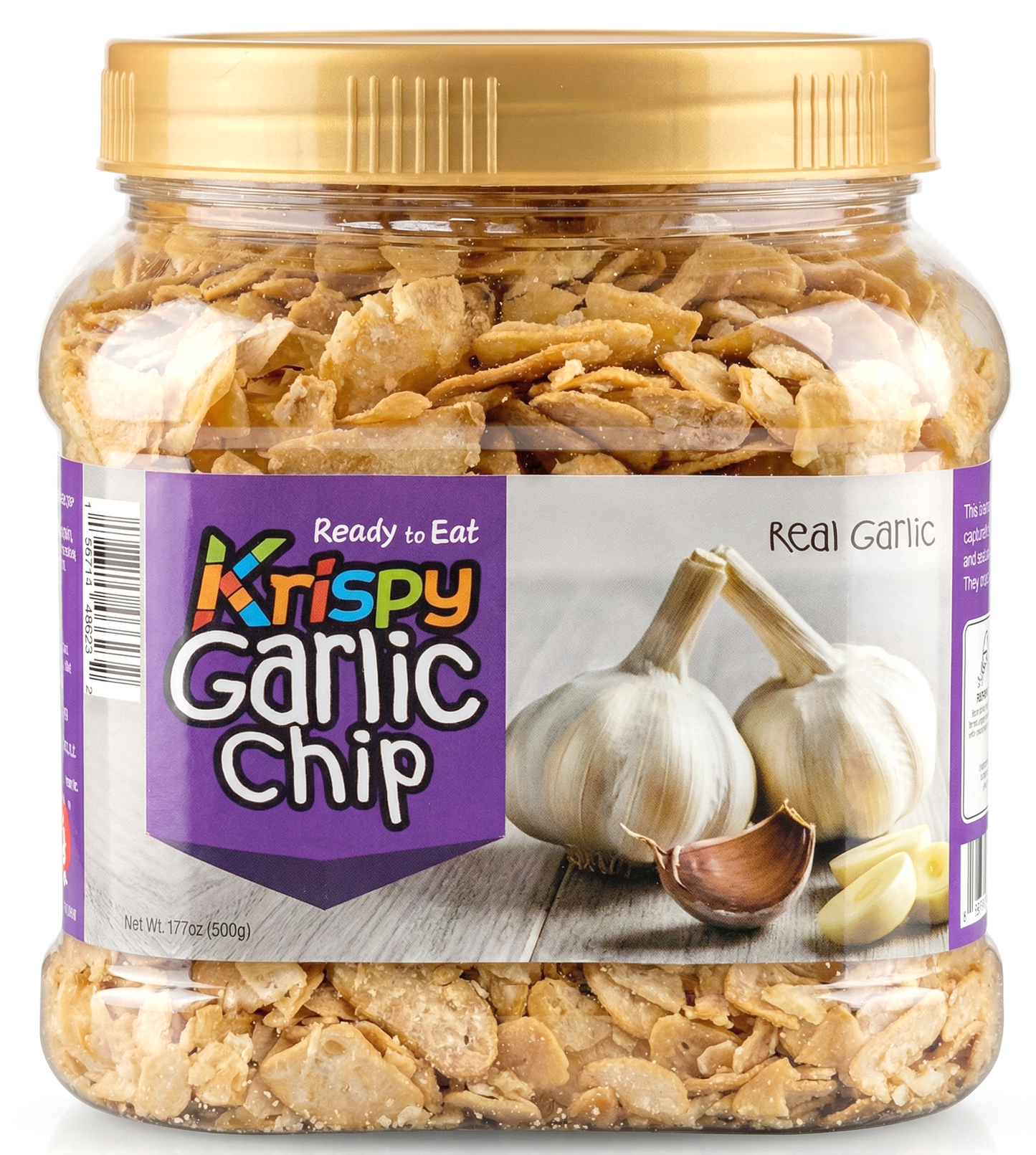 Krispy Garlic Chips (Large 17.7oz / 500g Jar) — Crispy Fried Garlic Flakes, 100% Real Garlic Slices | Savory Topping for Ramen, Pizza, Pasta, Steak & Salad