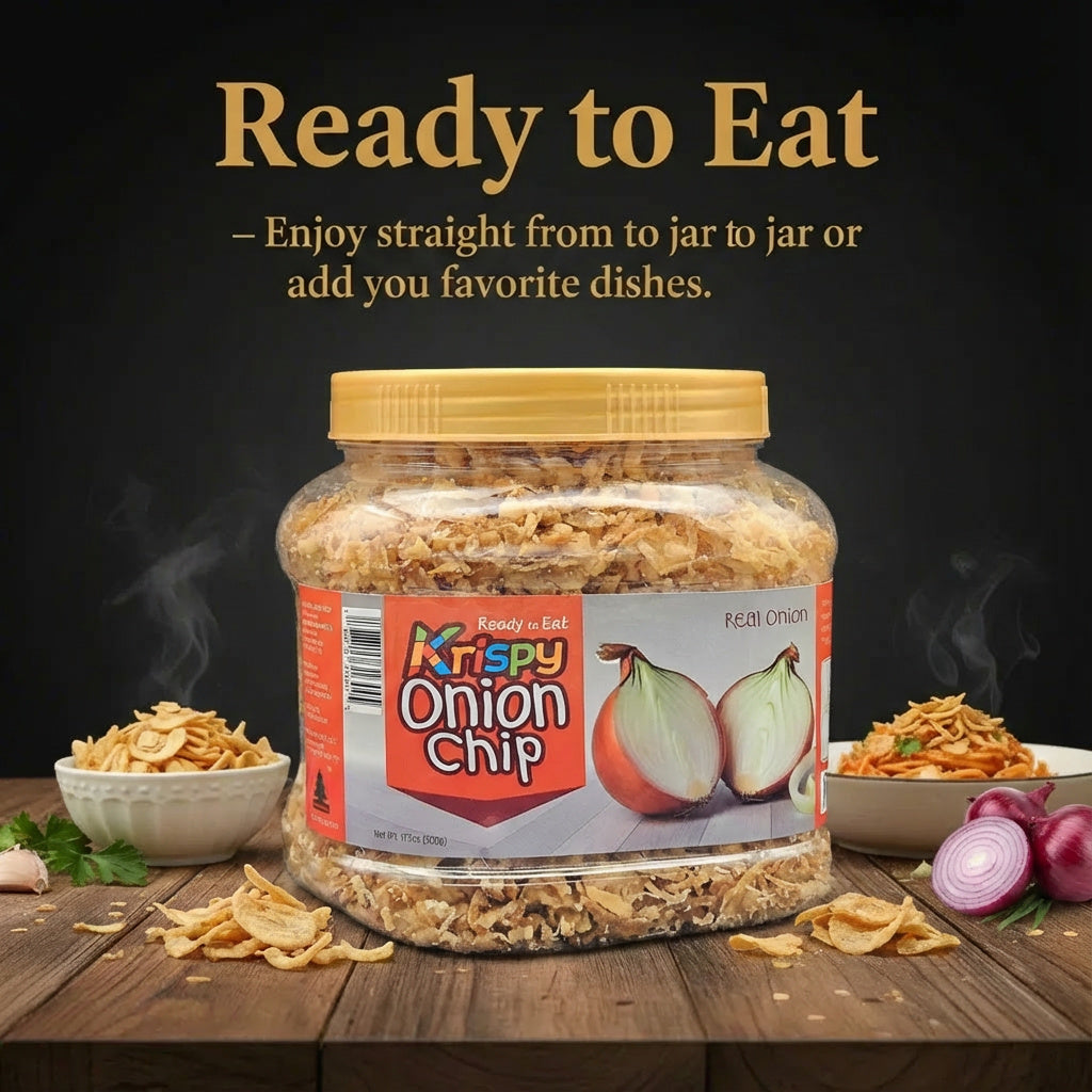 Krispy Onion Chips (Large 17.7oz/500g Jar) - Crispy Fried Onion Flakes, 100% Real Onion Slices for Topping Pasta, Steak, Salads, Pizza & Ramen | The Ultimate Savory Snack & Cooking Ingredient