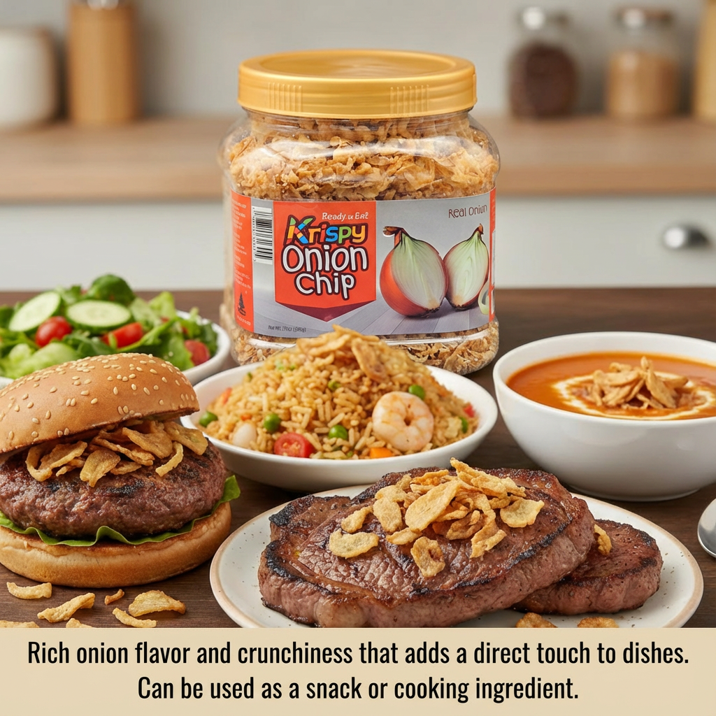 Krispy Onion Chips (Large 17.7oz/500g Jar) - Crispy Fried Onion Flakes, 100% Real Onion Slices for Topping Pasta, Steak, Salads, Pizza & Ramen | The Ultimate Savory Snack & Cooking Ingredient