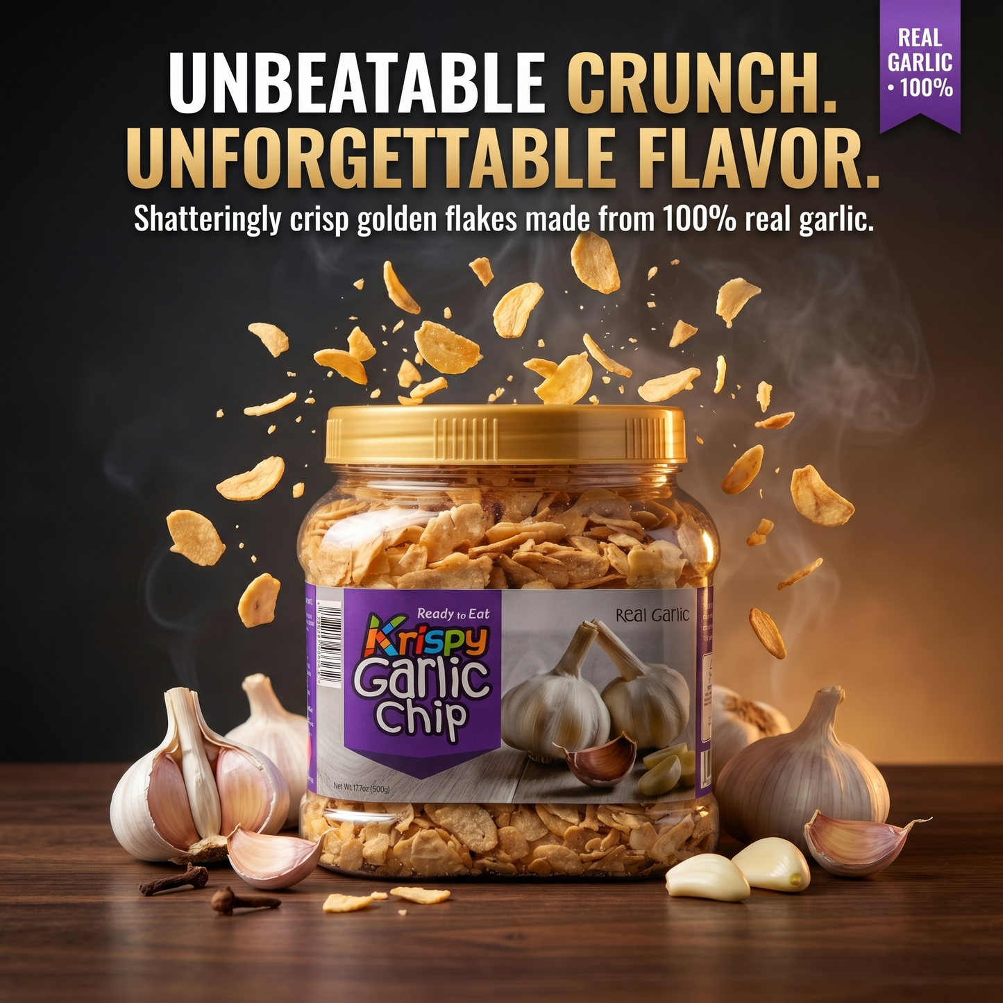Krispy Garlic Chips (Large 17.7oz / 500g Jar) — Crispy Fried Garlic Flakes, 100% Real Garlic Slices | Savory Topping for Ramen, Pizza, Pasta, Steak & Salad
