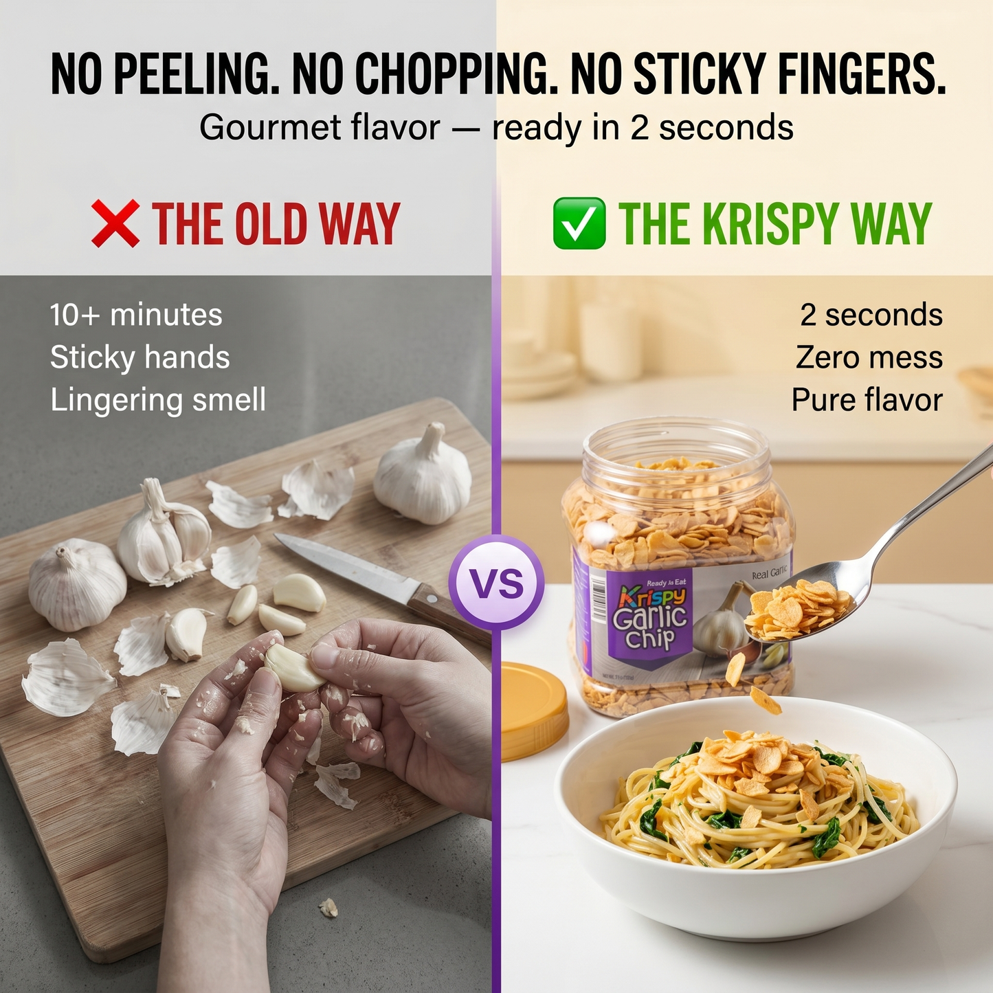 Krispy Garlic Chips (Large 17.7oz / 500g Jar) — Crispy Fried Garlic Flakes, 100% Real Garlic Slices | Savory Topping for Ramen, Pizza, Pasta, Steak & Salad