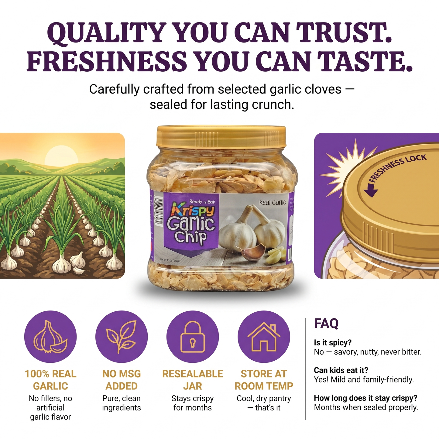 Krispy Garlic Chips (Large 17.7oz / 500g Jar) — Crispy Fried Garlic Flakes, 100% Real Garlic Slices | Savory Topping for Ramen, Pizza, Pasta, Steak & Salad