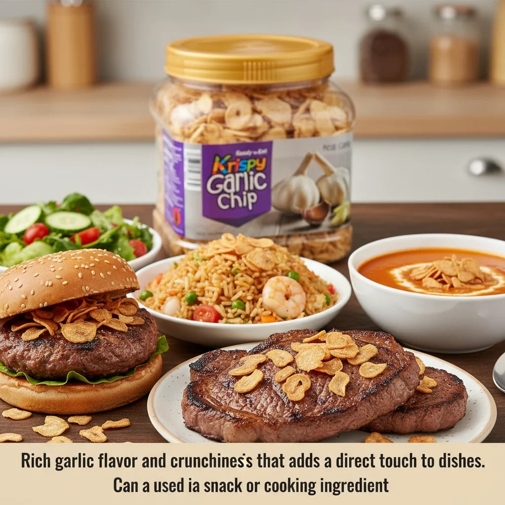 Krispy Garlic Chips (Large 17.7oz / 500g Jar) — Crispy Fried Garlic Flakes, 100% Real Garlic Slices | Savory Topping for Ramen, Pizza, Pasta, Steak & Salad